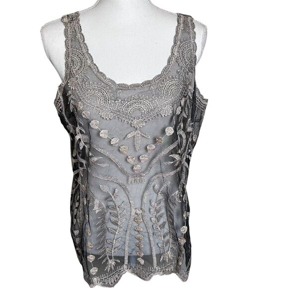 Ultra Pink Black Mesh Embroidered Tank Top Metallic Sheer Boho Festival Large - Picture 9 of 9